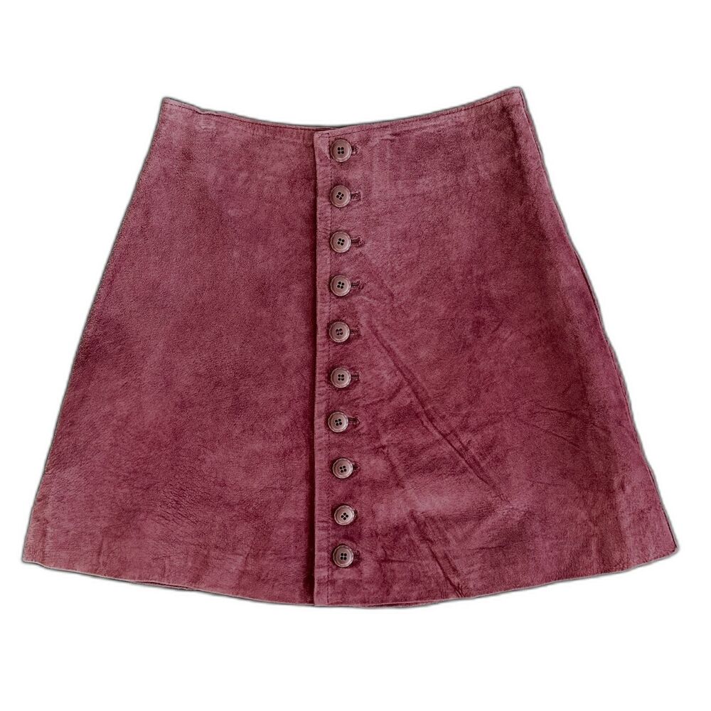 Vintage 90s Express Suede Leather Mini Skirt Button Front Burgundy Wine size 5/6